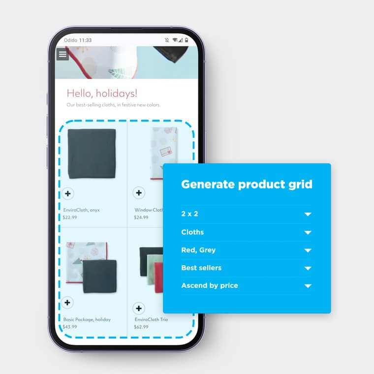 A grid of four different cloths displayed on a phone. The grid is generated by operator rules (Best selling grey and red cloths, ascend by price)