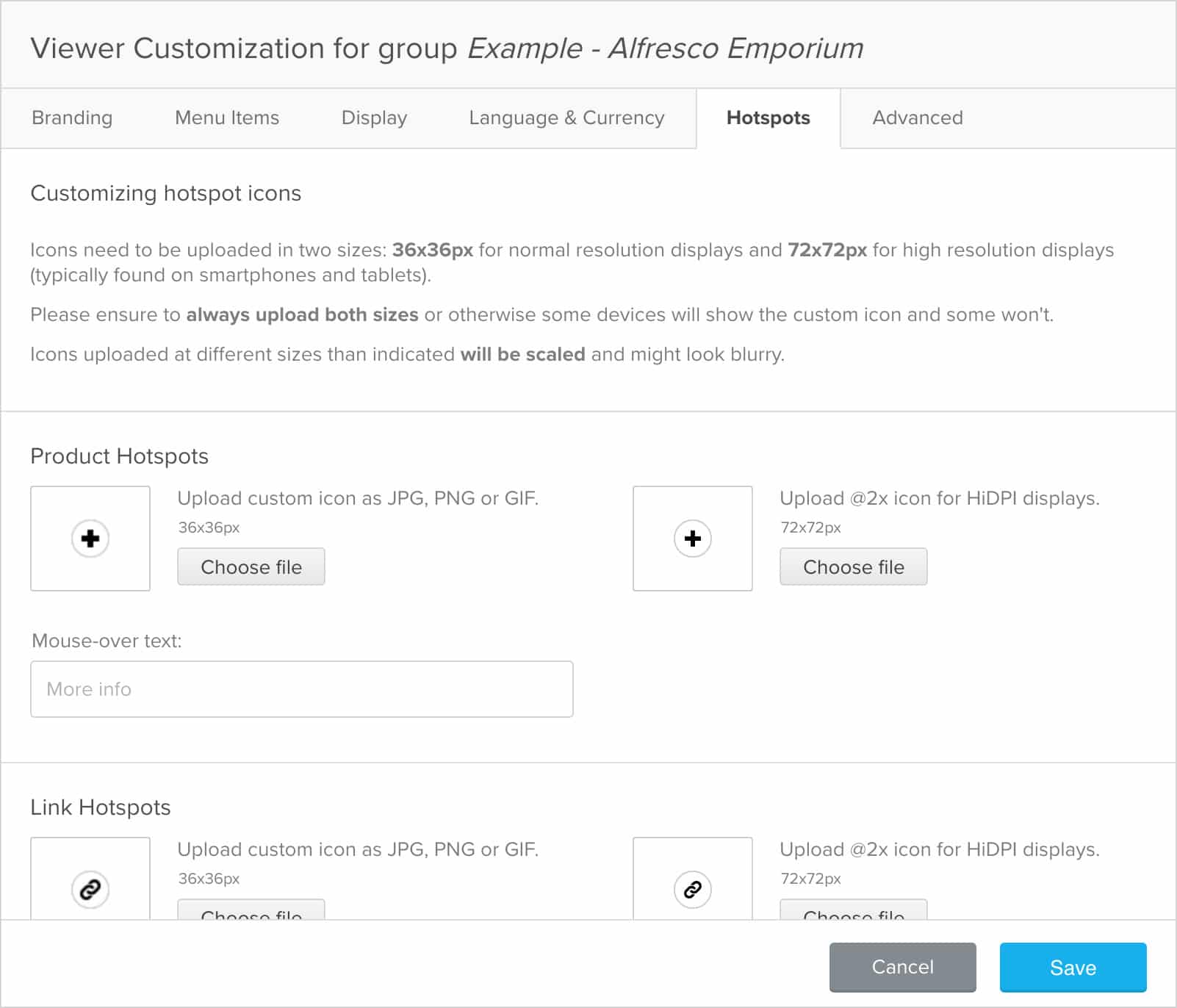 Modal for hotspot settings in Publitas.