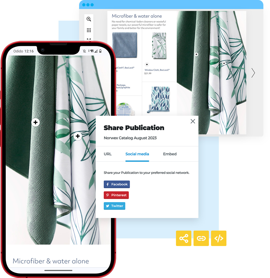 Un catalogue numérique sur les chiffons en microfibres présenté sur téléphone et sur ordinateur. Une fenêtre contextuelle de partage avec des options de médias sociaux, d'intégration et d'URL pour publier les catalogues en ligne.