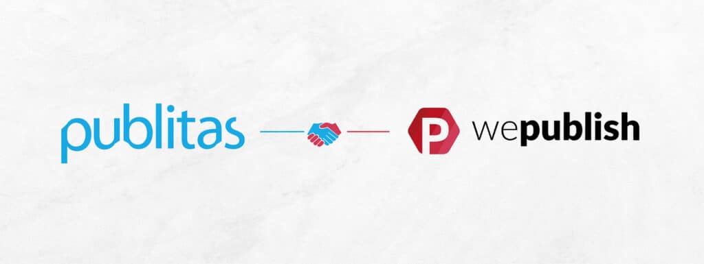 Publitas and WePublish logos connected by red and blue handshake icon