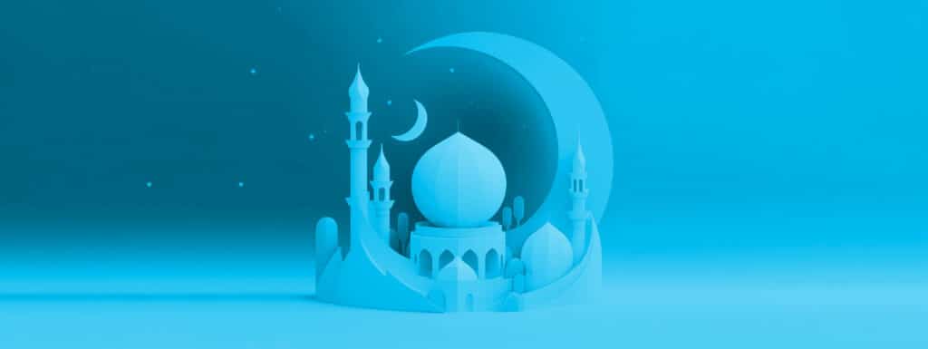 Blue 3D illustration of a mosque with moon and stars to represent Ramadan.