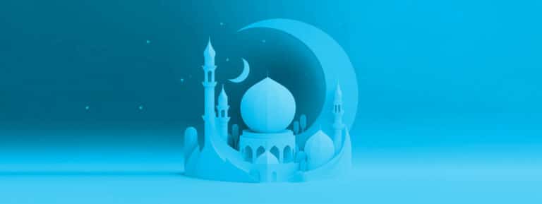 Blue 3D illustration of a mosque with moon and stars to represent Ramadan.