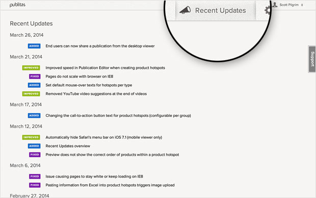 Mouse over CTA: The Recent Updates overview in Publitas.
