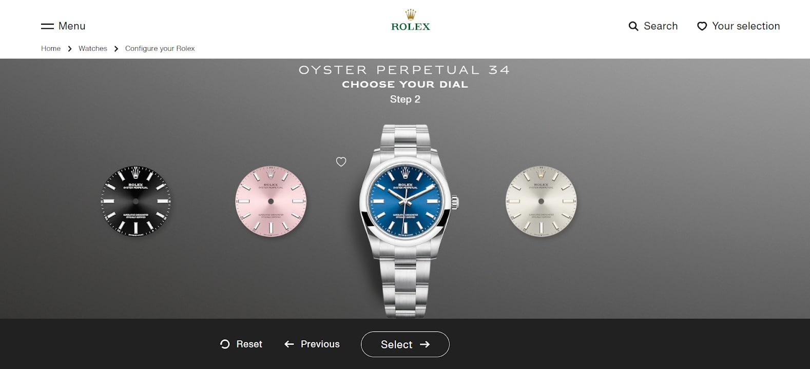 Rolex's watch configurator allows shoppers to choose different styles, dials, and materials.