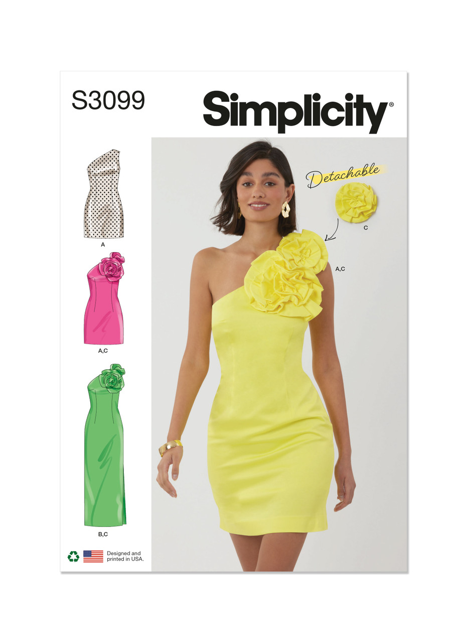 Simplicity S3099 | Simplicity Sewing Pattern Misses' and Miss Petite Dress in Two Lengths with Detachable 3D Flowers | Front of Envelope