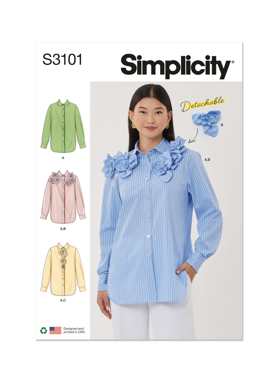 Simplicity S3101 | Simplicity Sewing Pattern Misses' Shirt with Detachable 3D Flowers | Front of Envelope