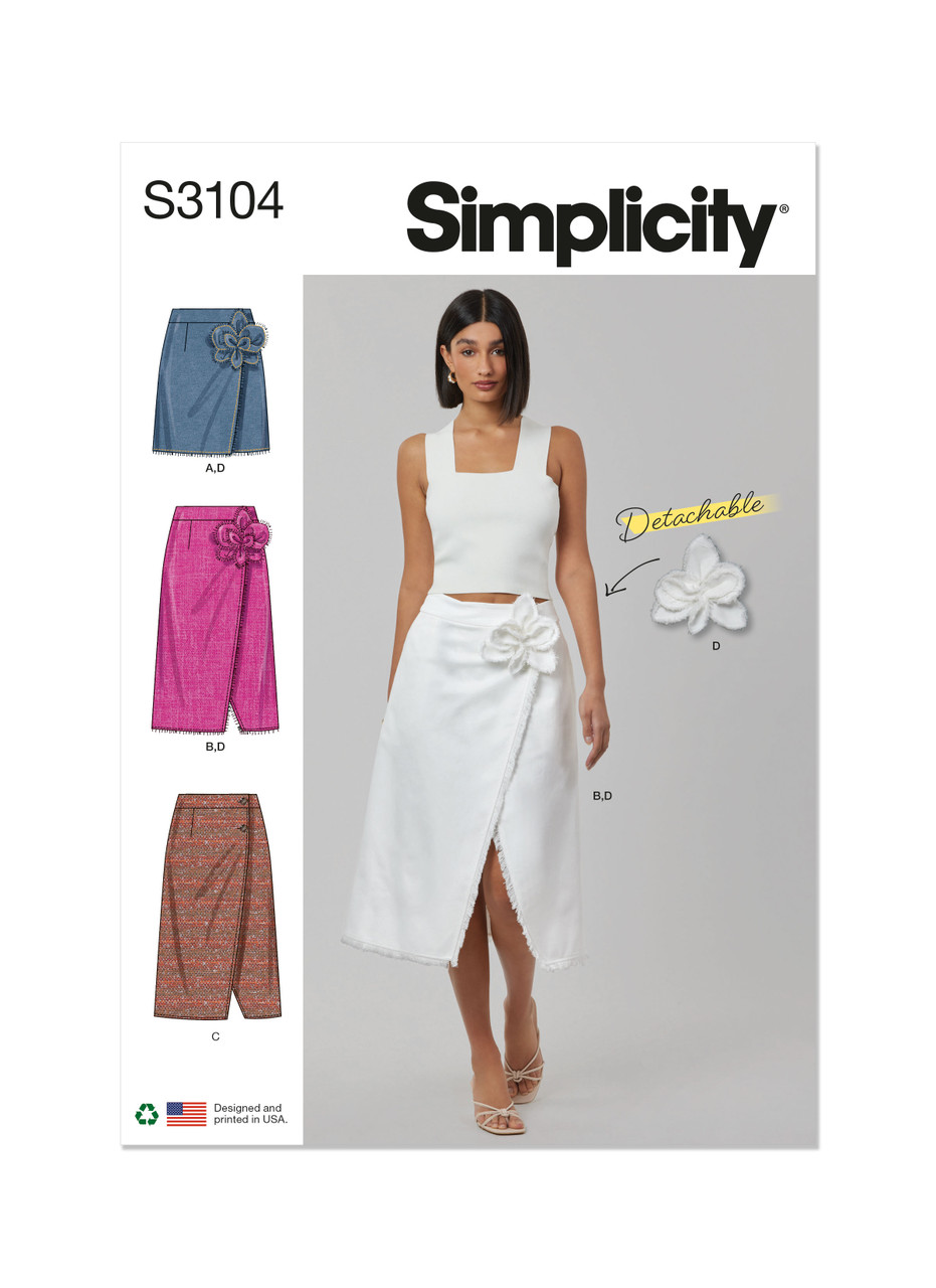 Simplicity S3104 | Simplicity Sewing Pattern Misses' Wrap Skirts with Detachable 3D Flower | Front of Envelope