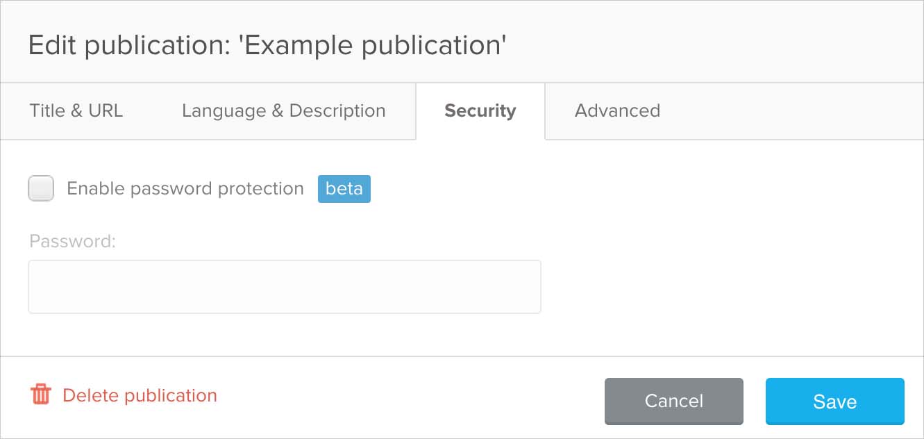 New Publitas security tab to enable password protection for your online publications.