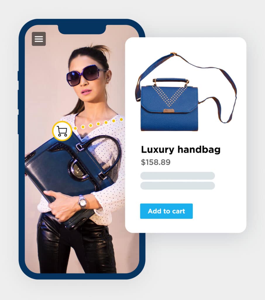 Interactive media on mobile phone. Woman holding luxury bag. Shopping cart icon shows luxury bag can be bought directly.