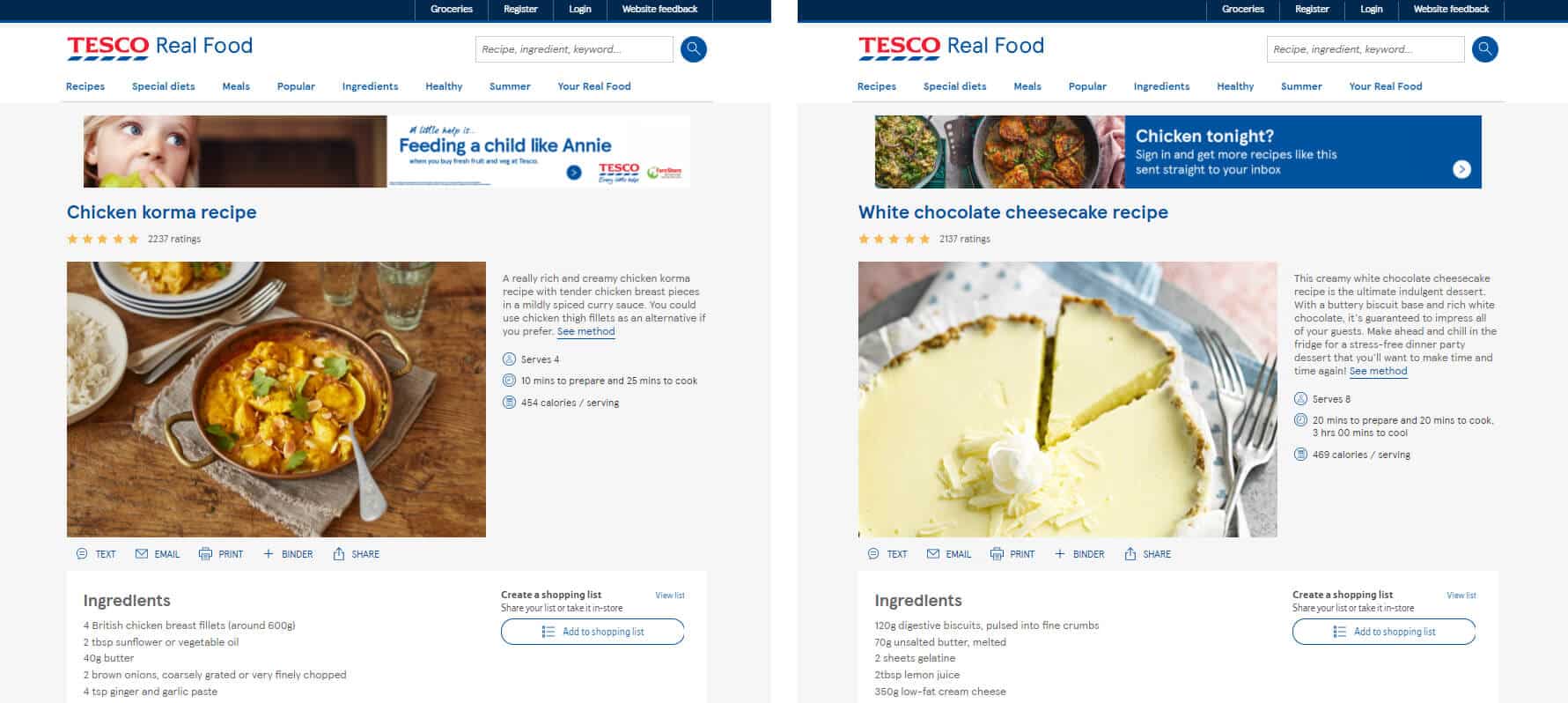 Examples of recipes on Tesco's site.