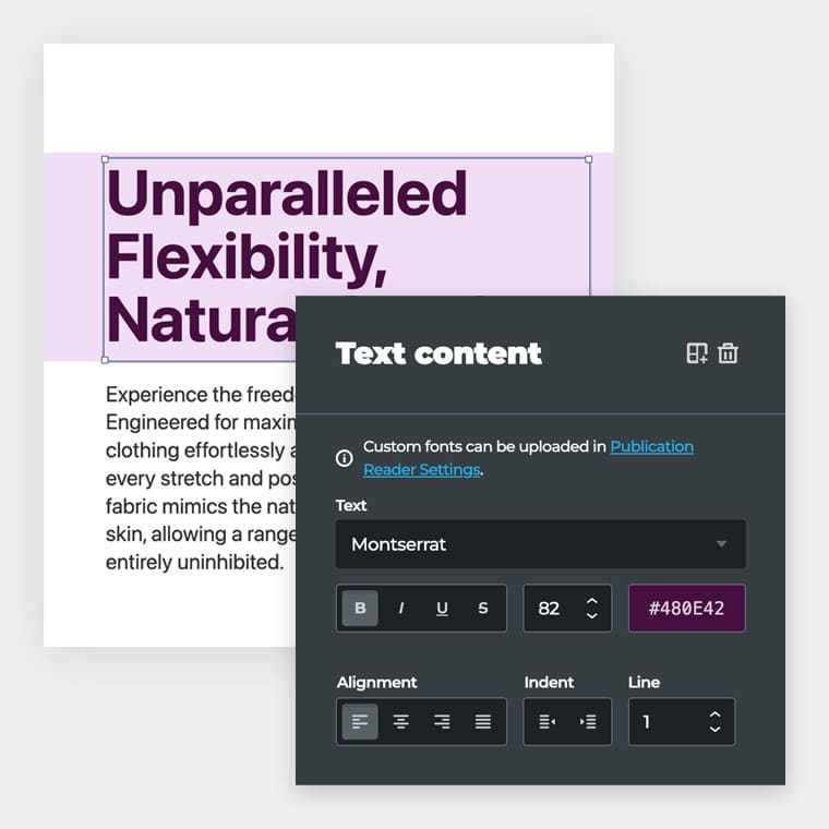 A text field being edited in Publitas with various options ranging from font family to font size and alignment.