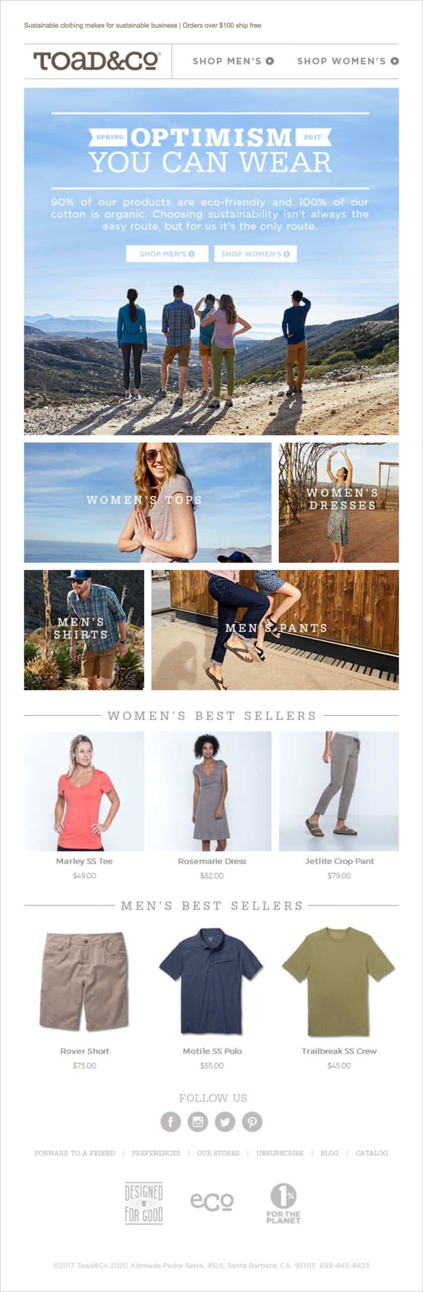 Shoppers who want to shop Toad&Co’s catalog can reliably find the link in the bottom of Toad&Co’s newsletter.