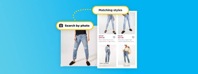 The concept of search by photo explained. Left: a photo of jeans. Right: Products that match those jeans.