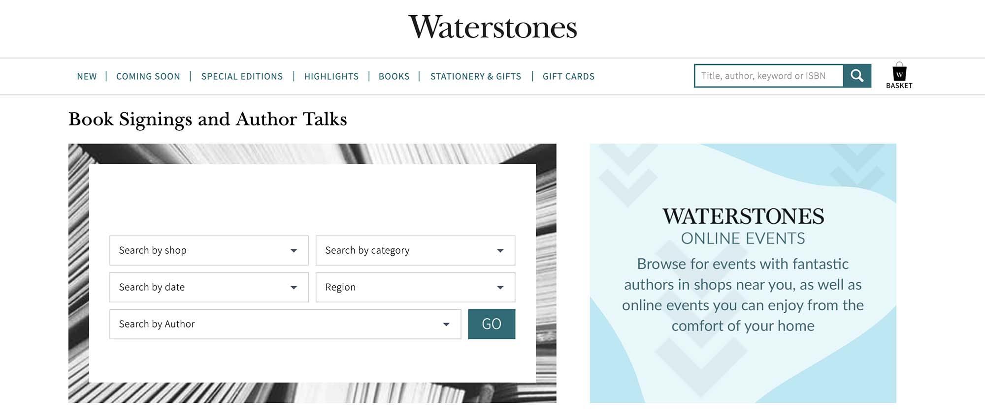 Waterstones online events on their website including a search filter with inputs such as date, category, and shop location.