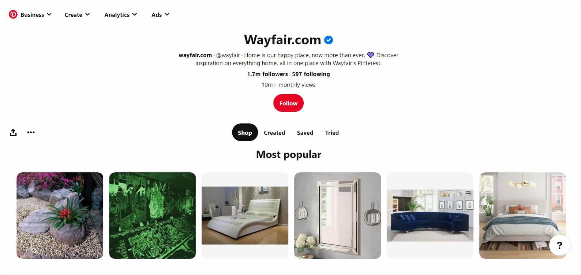 Wayfair's Pinterest profile.