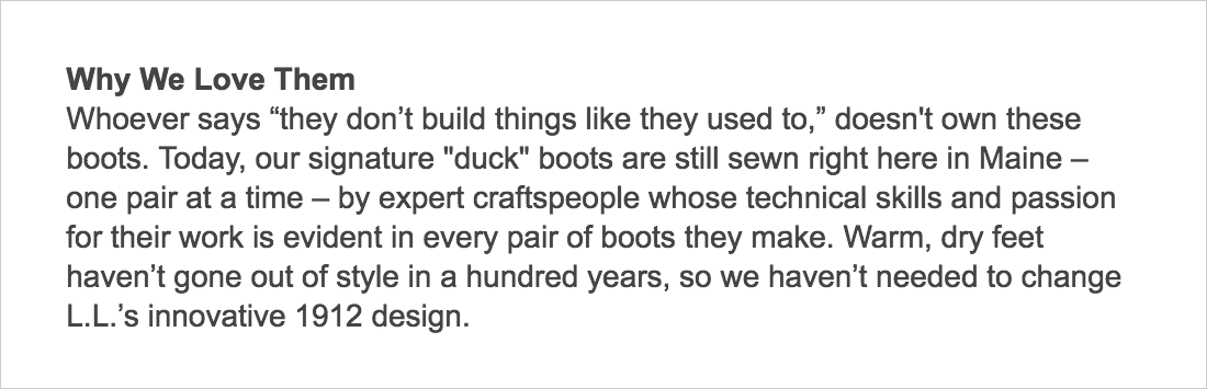 Product description including copy such as: Whoever says they don't build them like they used to, doesn't own these boots.