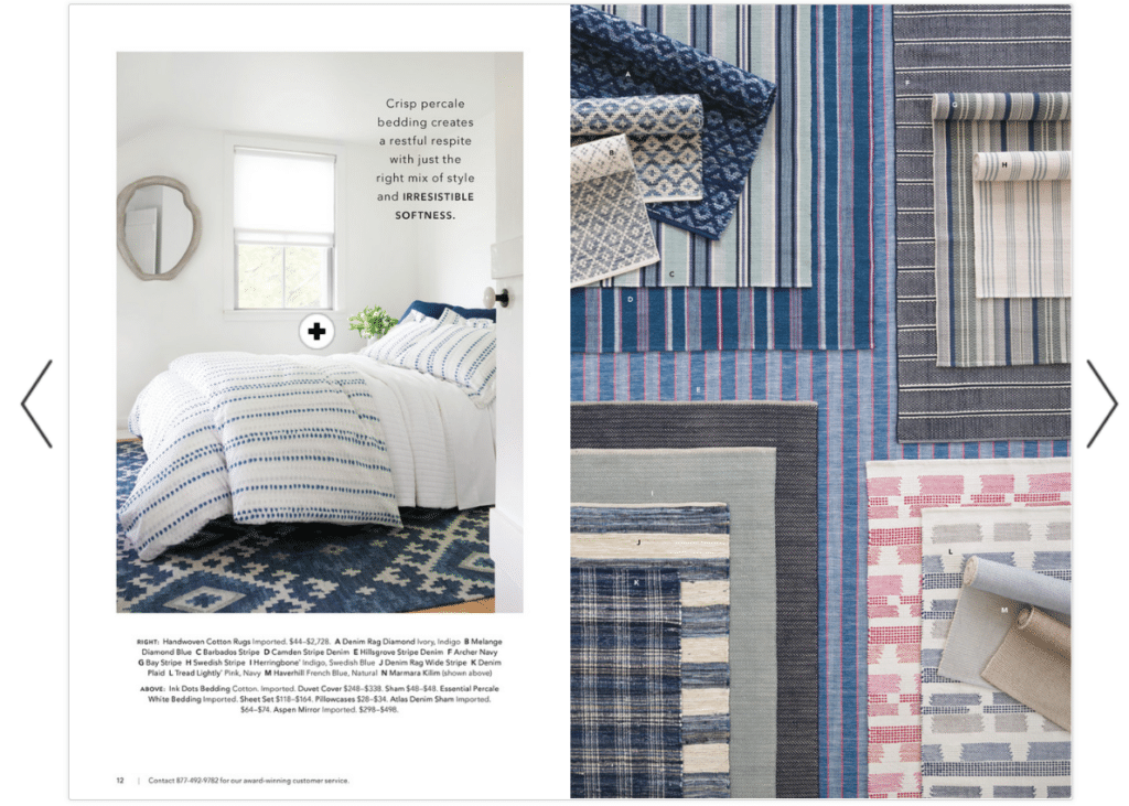 Catalog pages with bed and linen samples