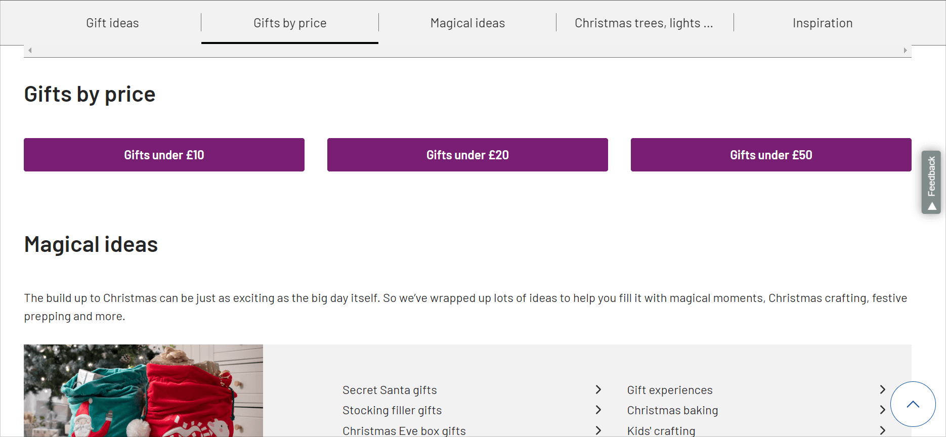 Argos's Christmas gift page, showing gifts by price.