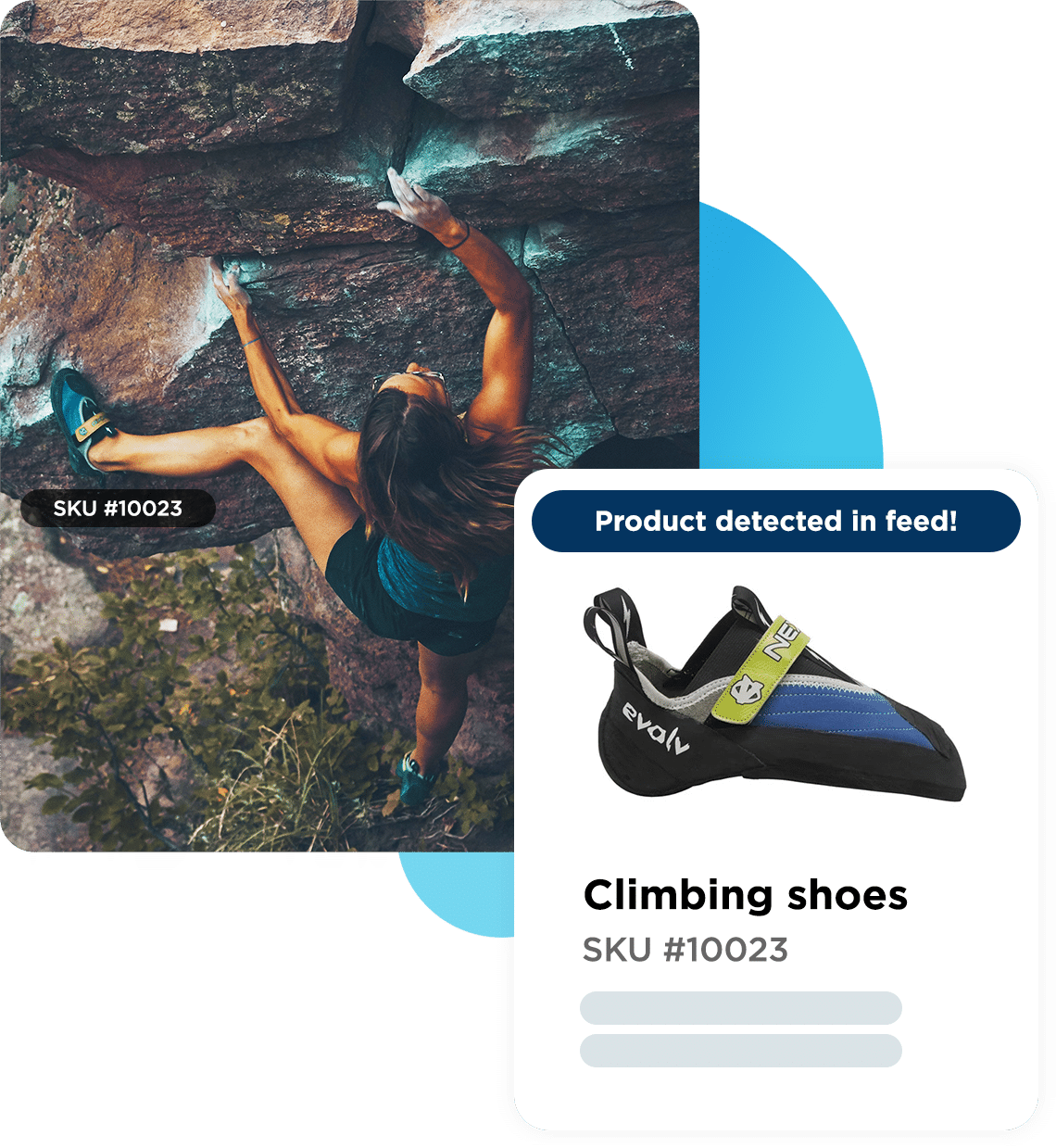 Digital catalog automation solutions. Showing an illustration of a product that's detected in the product feed and tagged in an image.
