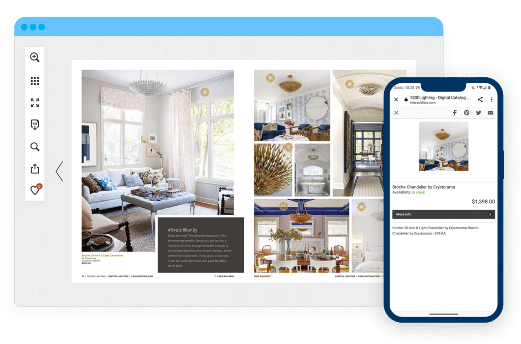 Capitol lighting's digital catalog on desktop and phone. Showing various lamps and a more info product pop-up.