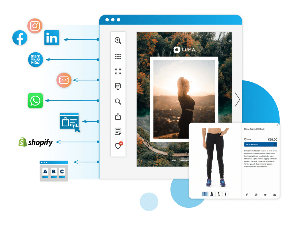 A digital catalog with arrows pointing towards various channels such as Facebook, LinkedIn, and WhatsApp.