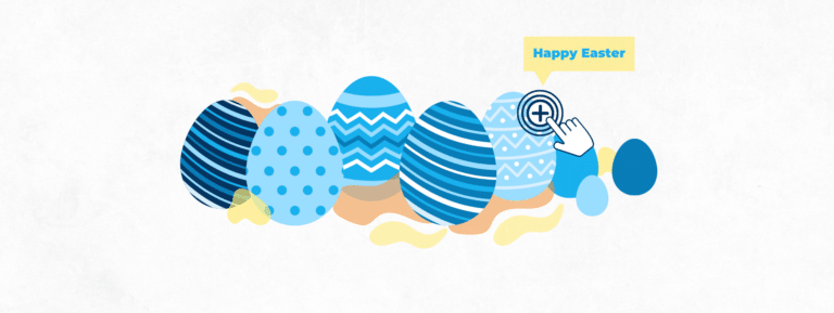 Eight easter eggs painted in various patterns made with shades of blue