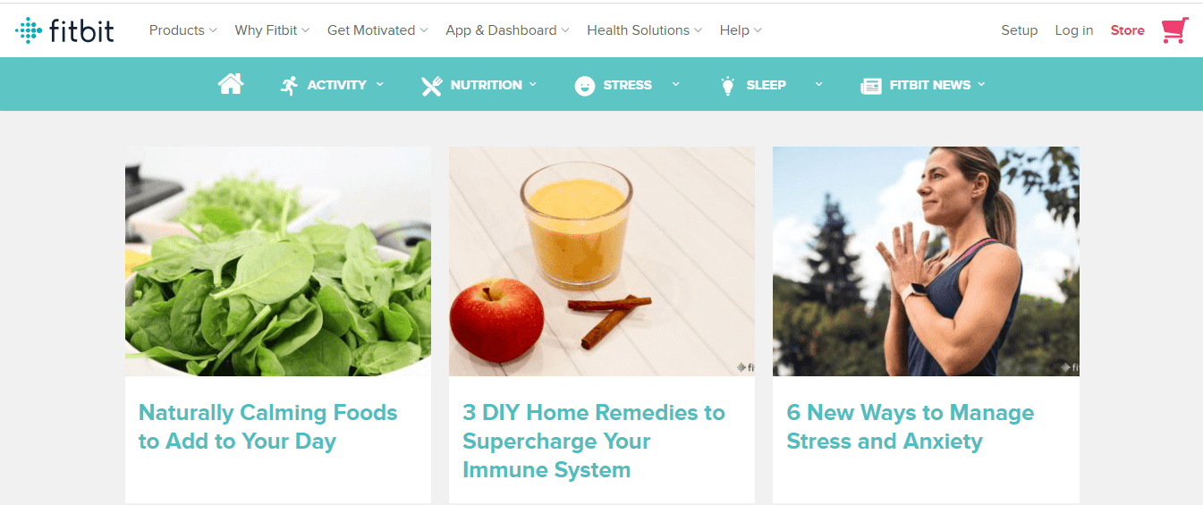 FitBit's site, showing articles such as: Naturally Calming Foods to Add to Your Day.