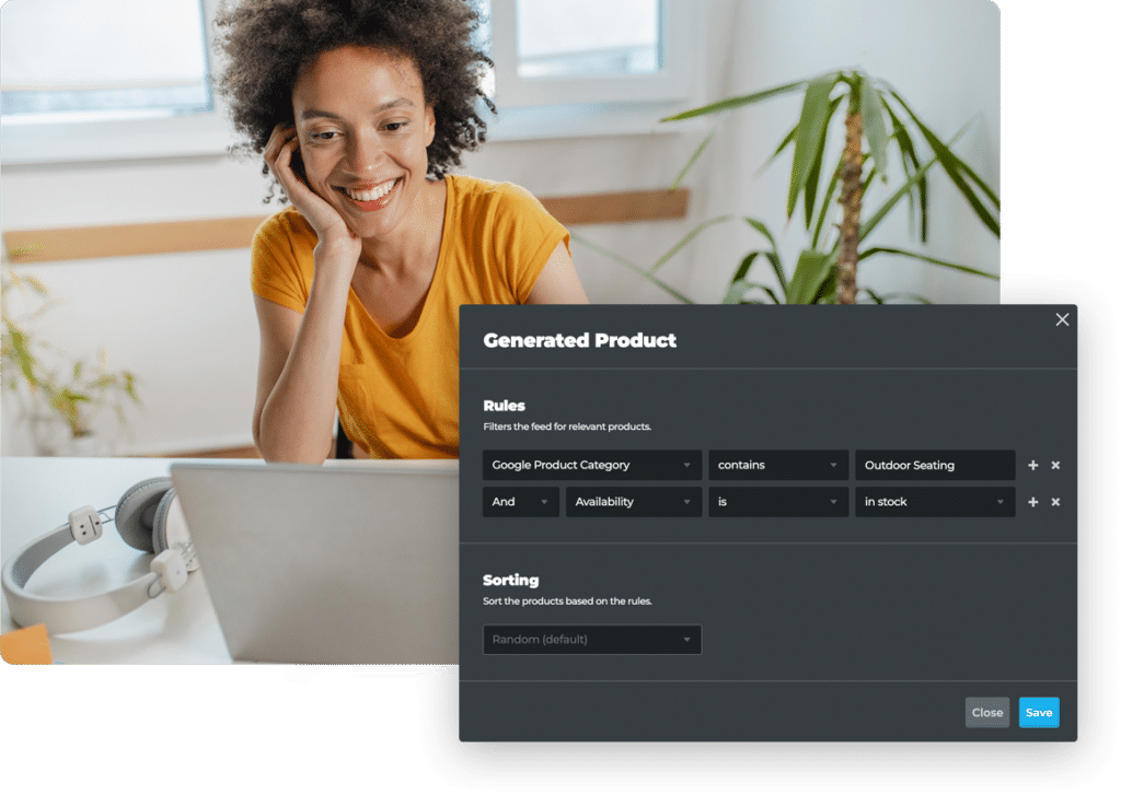 Een vrouw werkt op een laptop. Een pop-up toont een set regels om producten in een catalogus te genereren vanuit de productfeed.