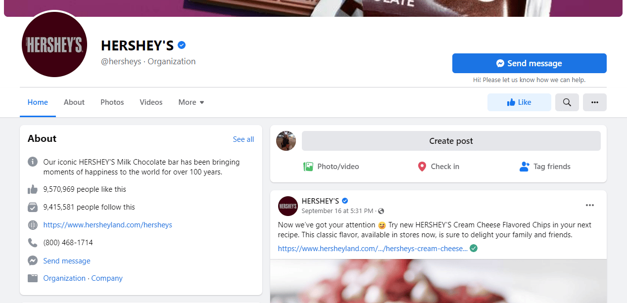 Contact options on Hershey's Facebook page.