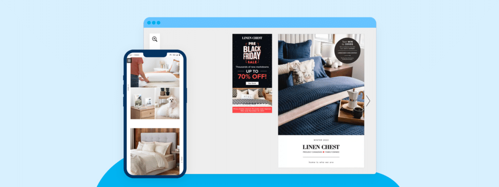 Linen Chest digital catalog showing a Black Friday banner next to the cover.