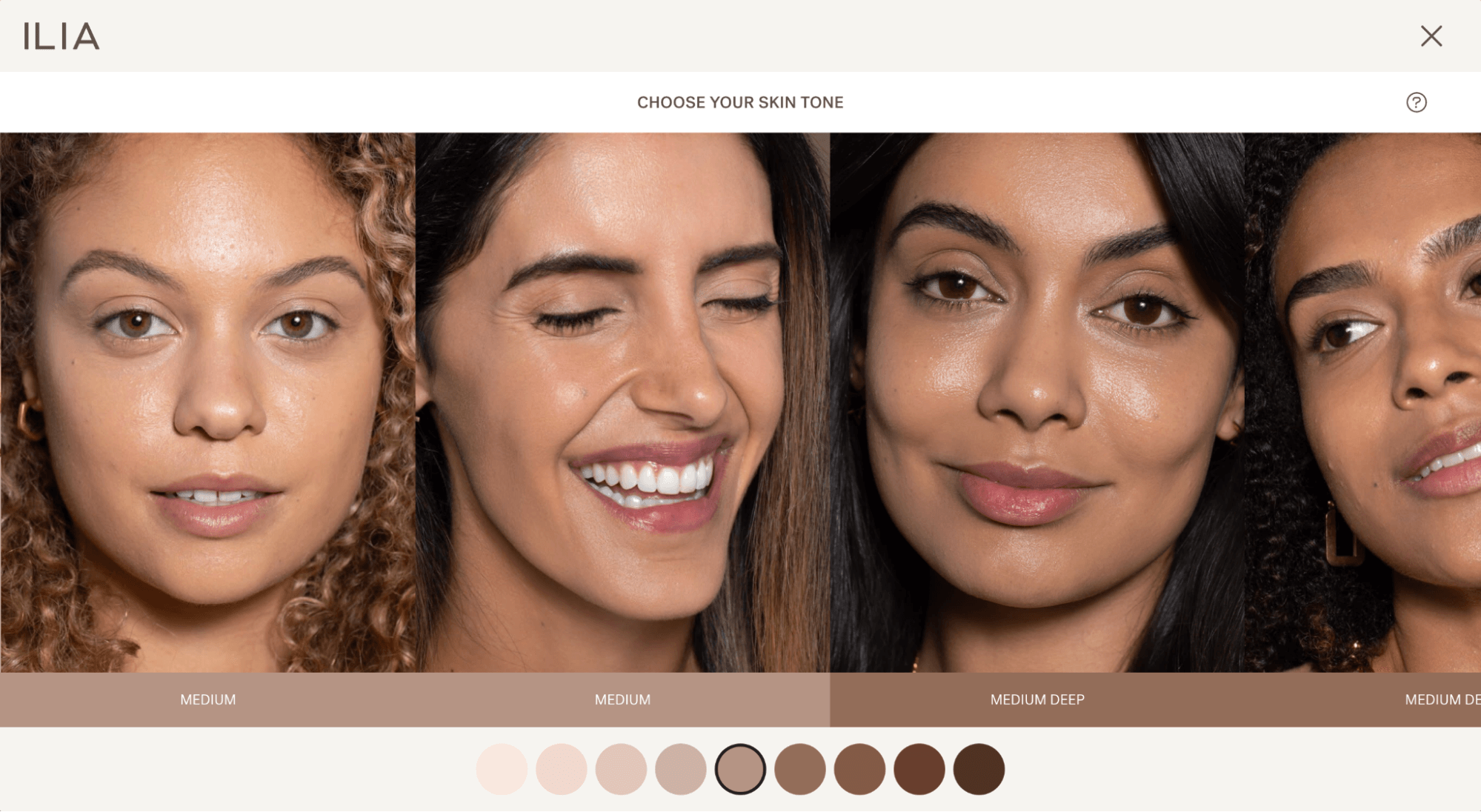 Color selectors and photographs of models with a variety of skin tones.