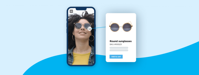 Mobile phone playing video of a woman wearing sunglasses. A pop-up shows the sunglasses with an add to cart button.