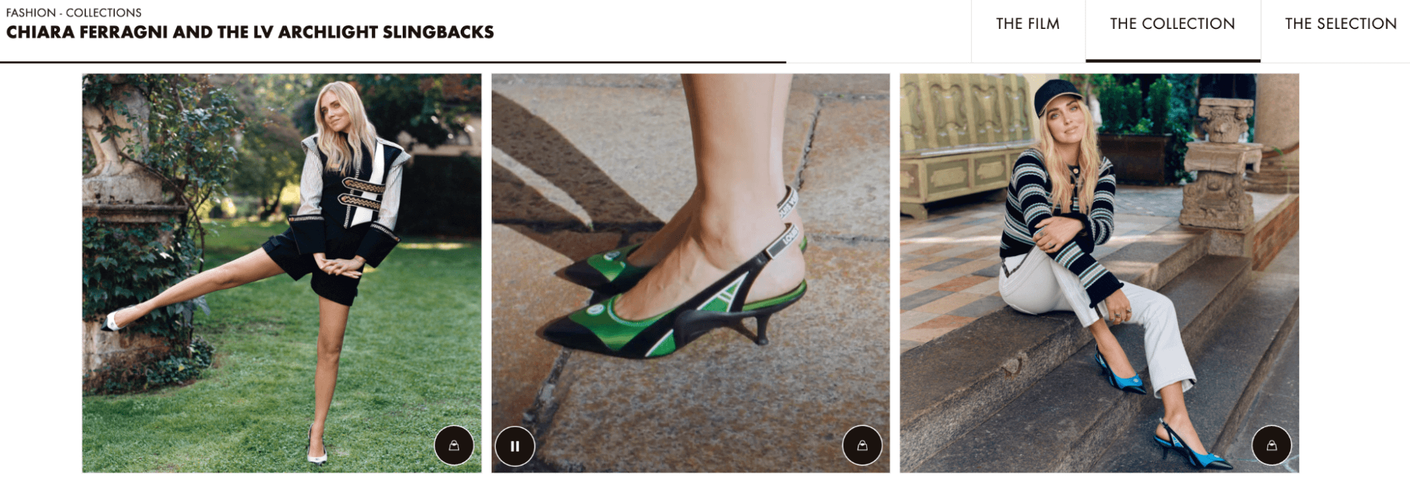 Three images of a model wearing shoes. The shopping bag indicates the images are clickable to buy the shoes.