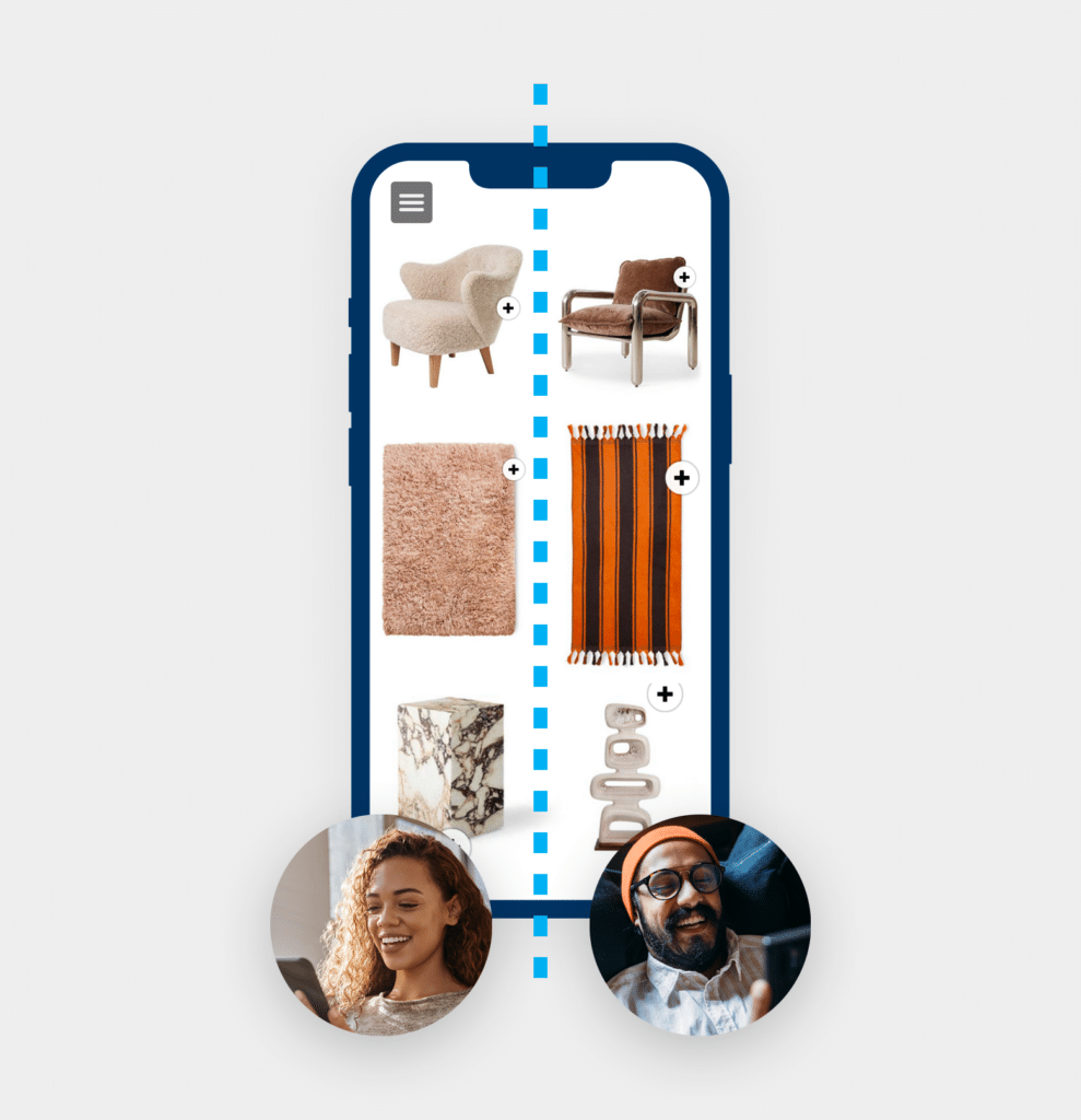 Un teléfono dividido por la mitad. A cada lado hay diferentes variantes de un sofá, una alfombra y otros adornos. Izquierda: Objetos ligeros vistos por una mujer. Derecha: Objetos marrones vistos por un hombre.