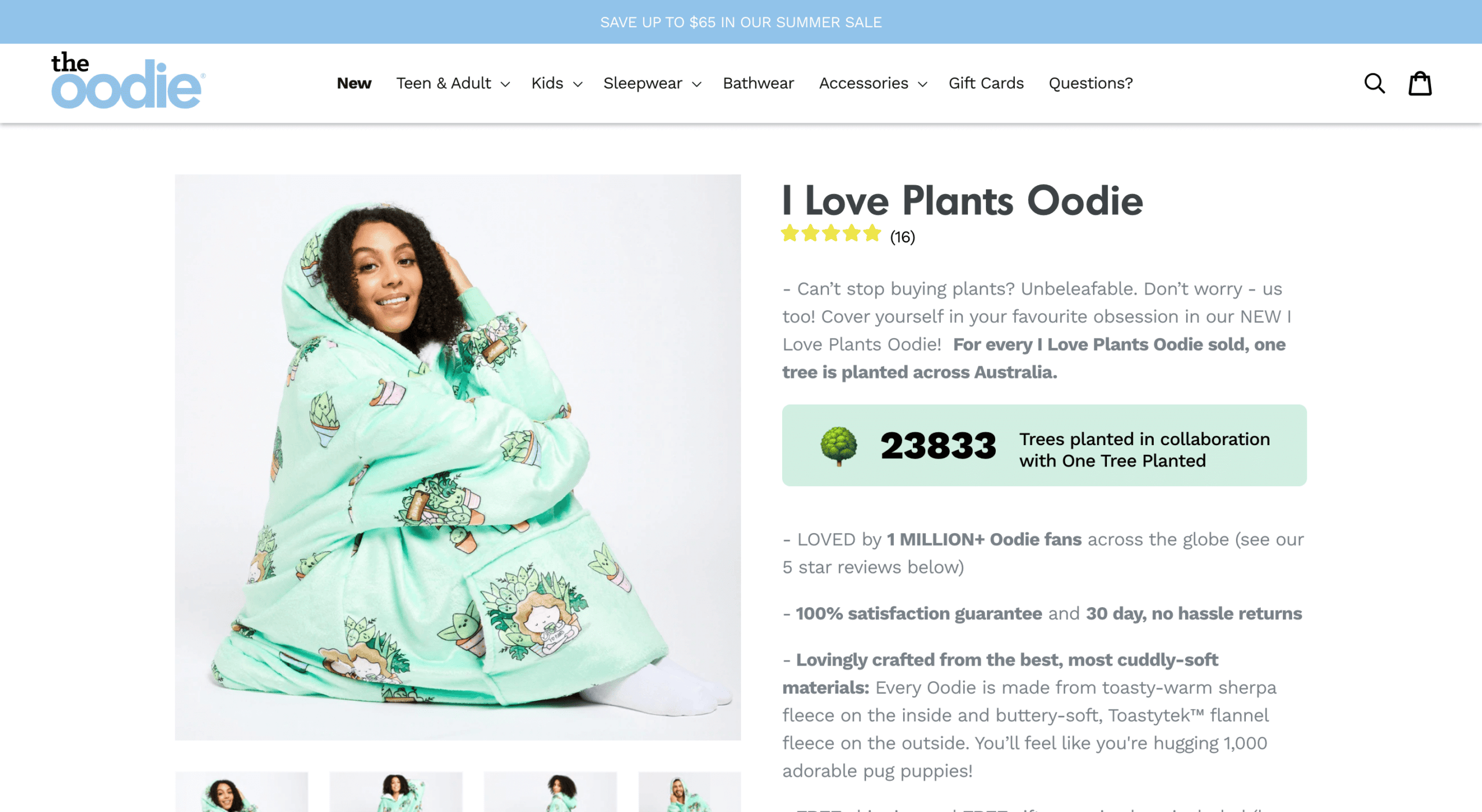 Image of a product page from The Oodie, with copy such as: cover yourself in your favourite obsession in our new I love plants oodie.