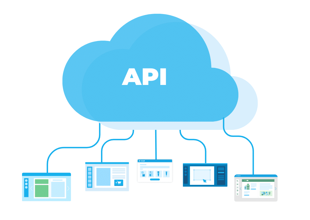 Illustration of Publitas API connecting to various outlets.