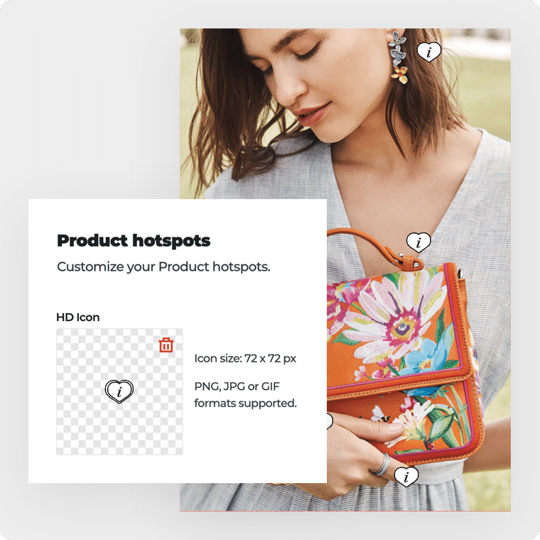 A catalog cover with hearts that indicate clickable areas (hotspots). A pop-up shows that you can customize your icons (the hearts) by uploading an image.