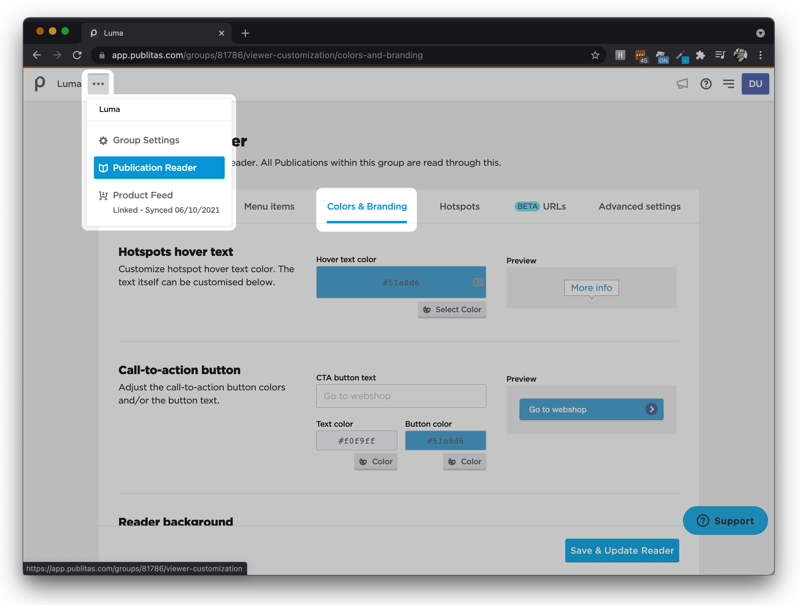 Screenshot of the Publitas app, showing that you can find the color & branding settings by going to the triple dots button, and then Publication Reader.