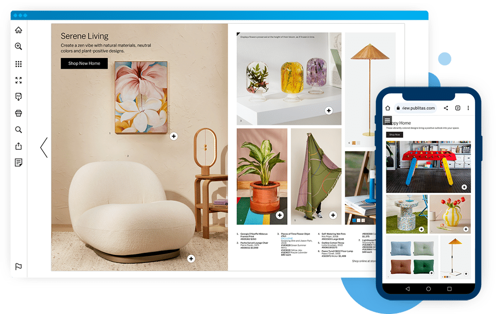 Publitas for home decor brands. A digital catalog presented in a browser and on a phone. Showing home decor products such as a comfy sofa.