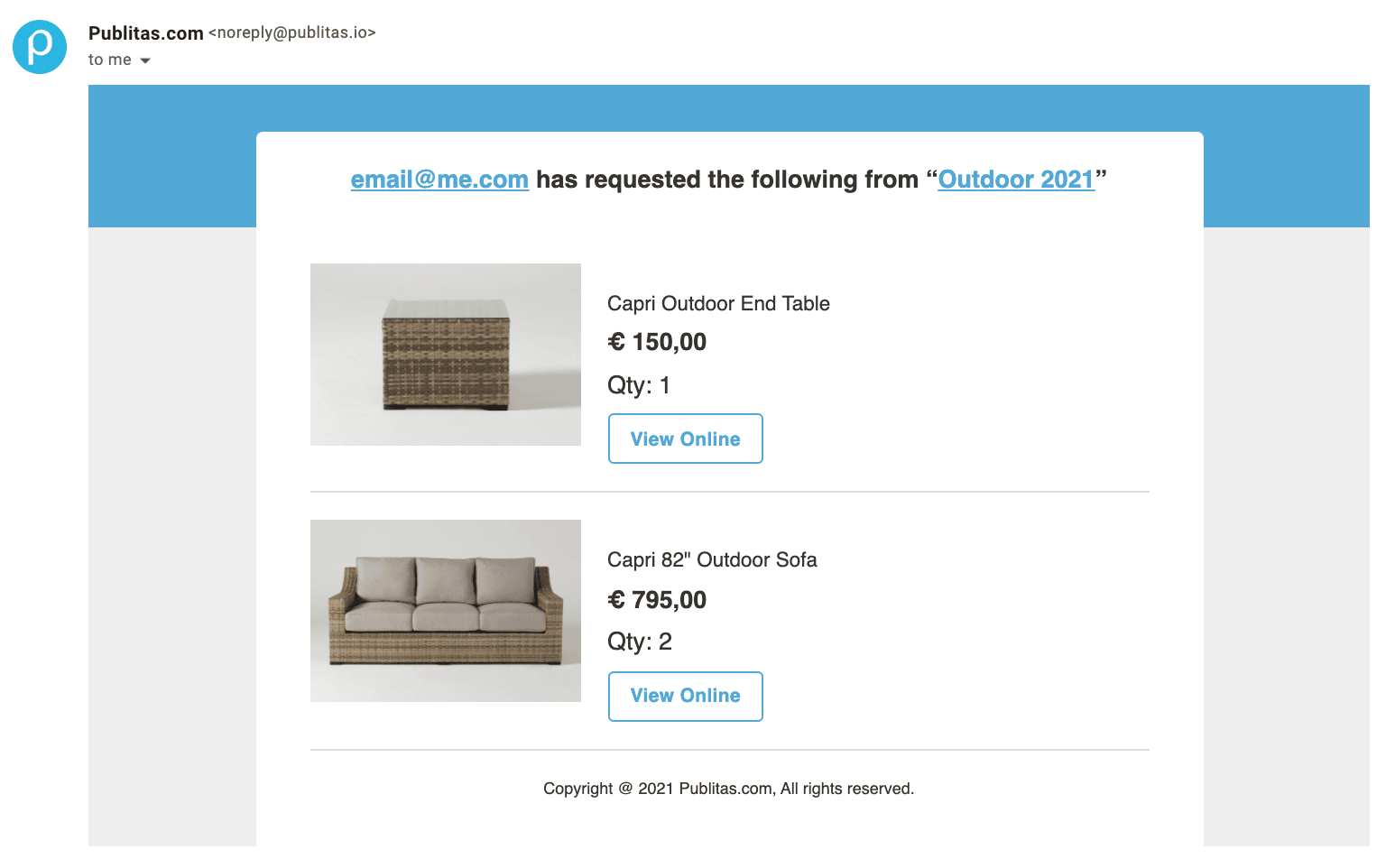 An email showing a table and a couch that the shopper wants a quote for.