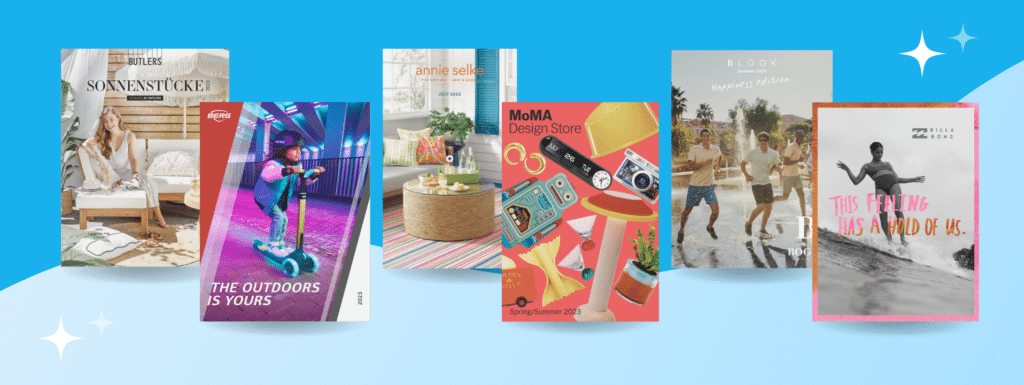 Six catalog covers on a light blue background for a blog about visual storytelling. The covers range from home decorations to people enjoying the beach.