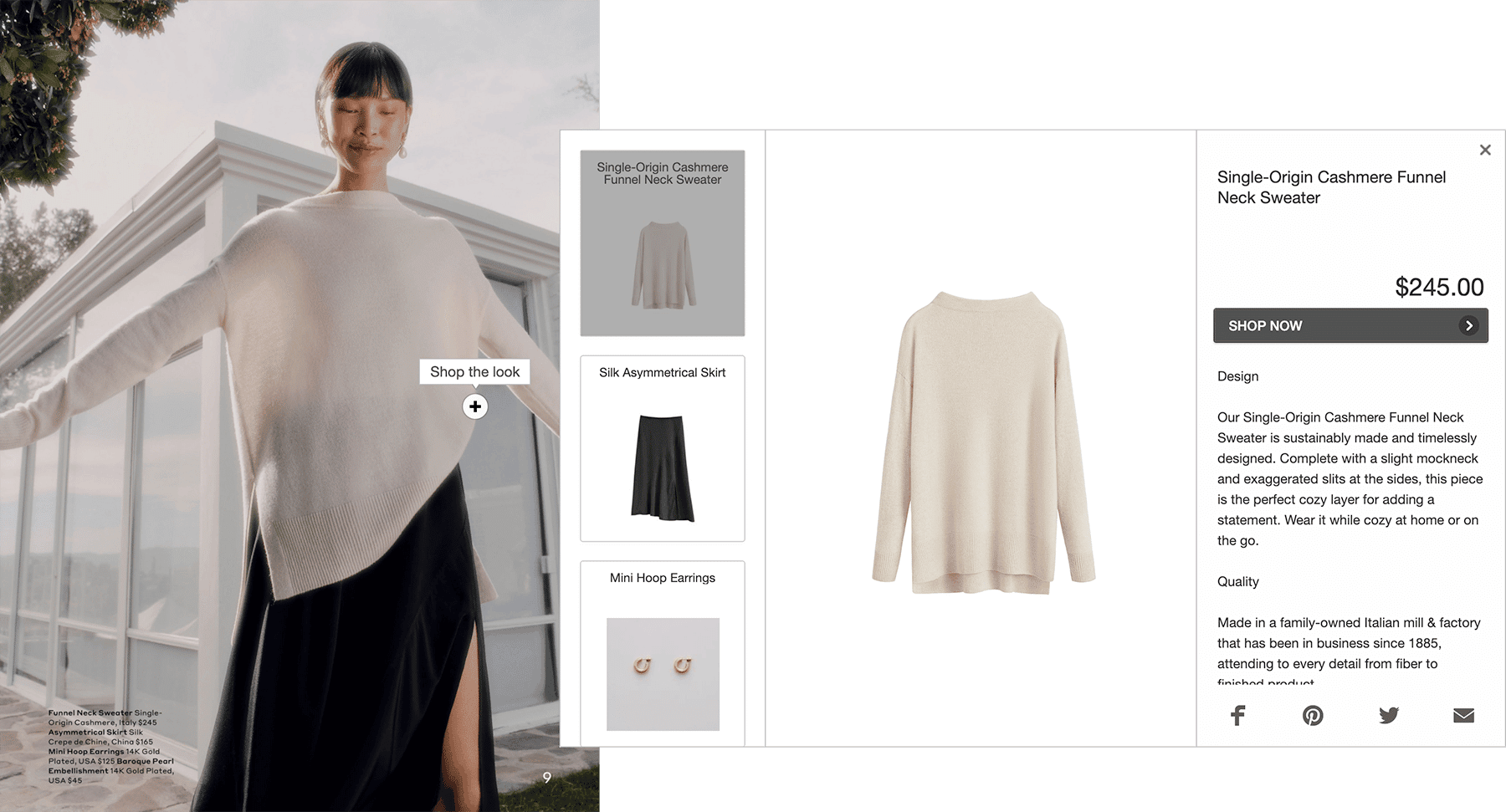 Shop-the-look image in a catalog. After clicking, a product view pops up with all items the model is wearing.