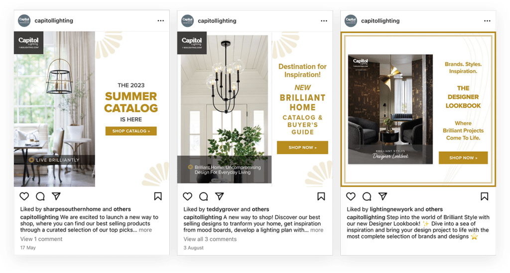 Three Capitol Lighting instagram posts promoting their summer catalog, buyer guide, and lookbook.