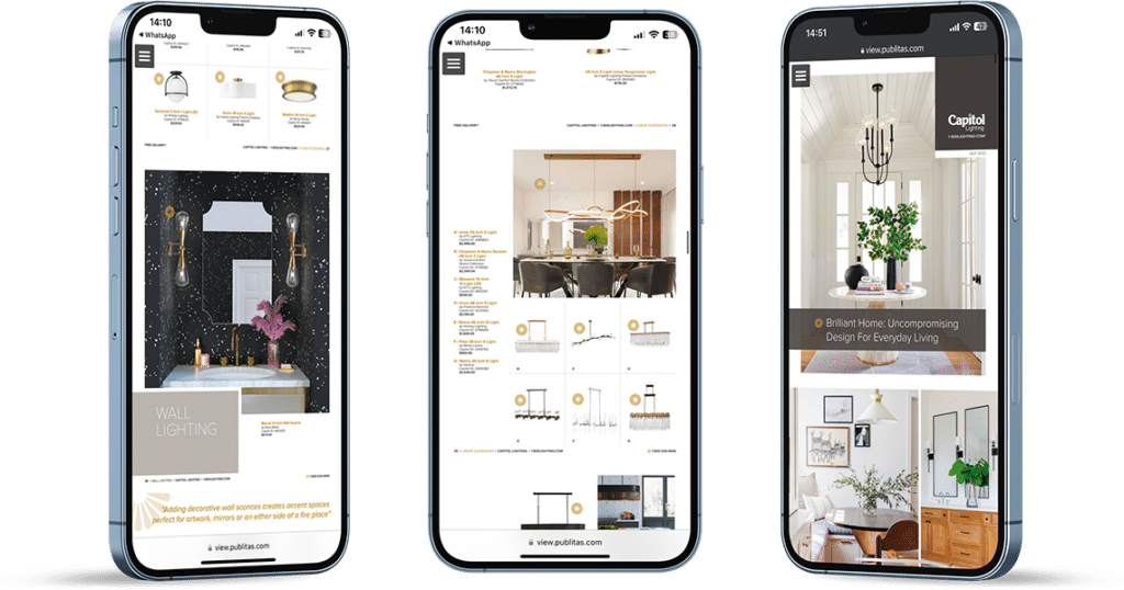 Three phones showing various pages from Capitol Lightings catalog. Many lamps are shown in context of beautiful living rooms.