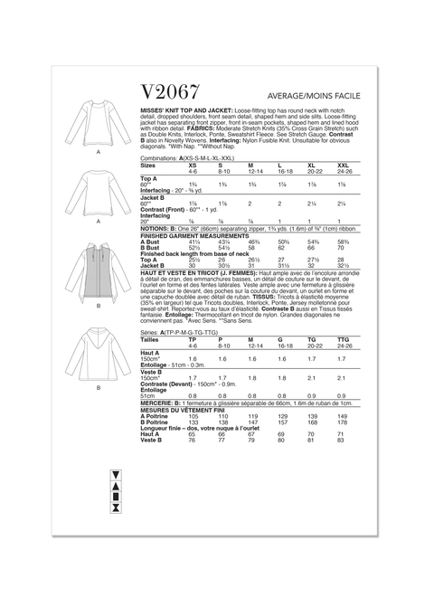 Vogue Patterns V2067 | Misses' Knit Top and Jacket by Marcy Tilton | Back of Envelope