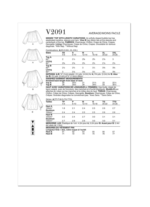 Vogue Patterns V2091 | Vogue Patterns Misses' Top with Length Variations | Back of Envelope
