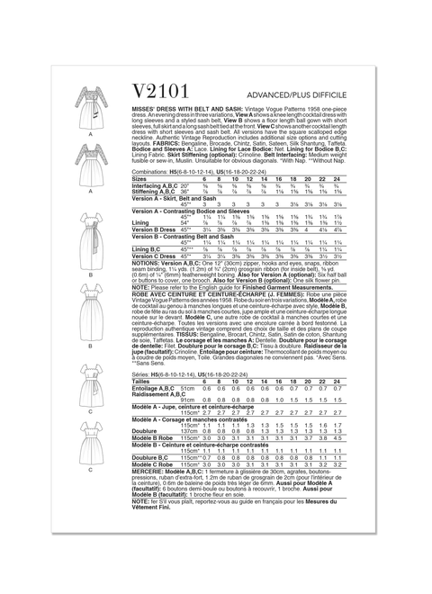 Vogue Patterns V2101 | Vogue Patterns 1950s Misses' Dress with Belt and Sash | Back of Envelope