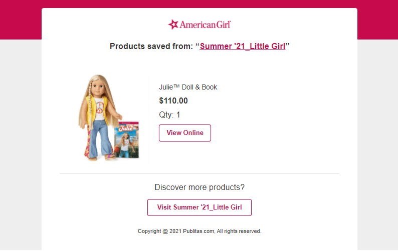 An email with the children's doll that was added to favorites including a link to view the product online.