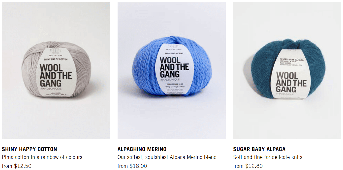 Three different types of wool, each has its own unique description such as shiny happy cotton or alpachino merino.